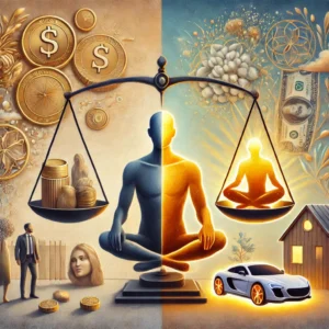 Dall·e 2024 12 09 14.31.15 a symbolic artwork depicting the relationship between money and happiness, avoiding detailed facial features. on one side, a figure without a detailed